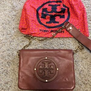 Tory Burch tan foldover bag on gold chain